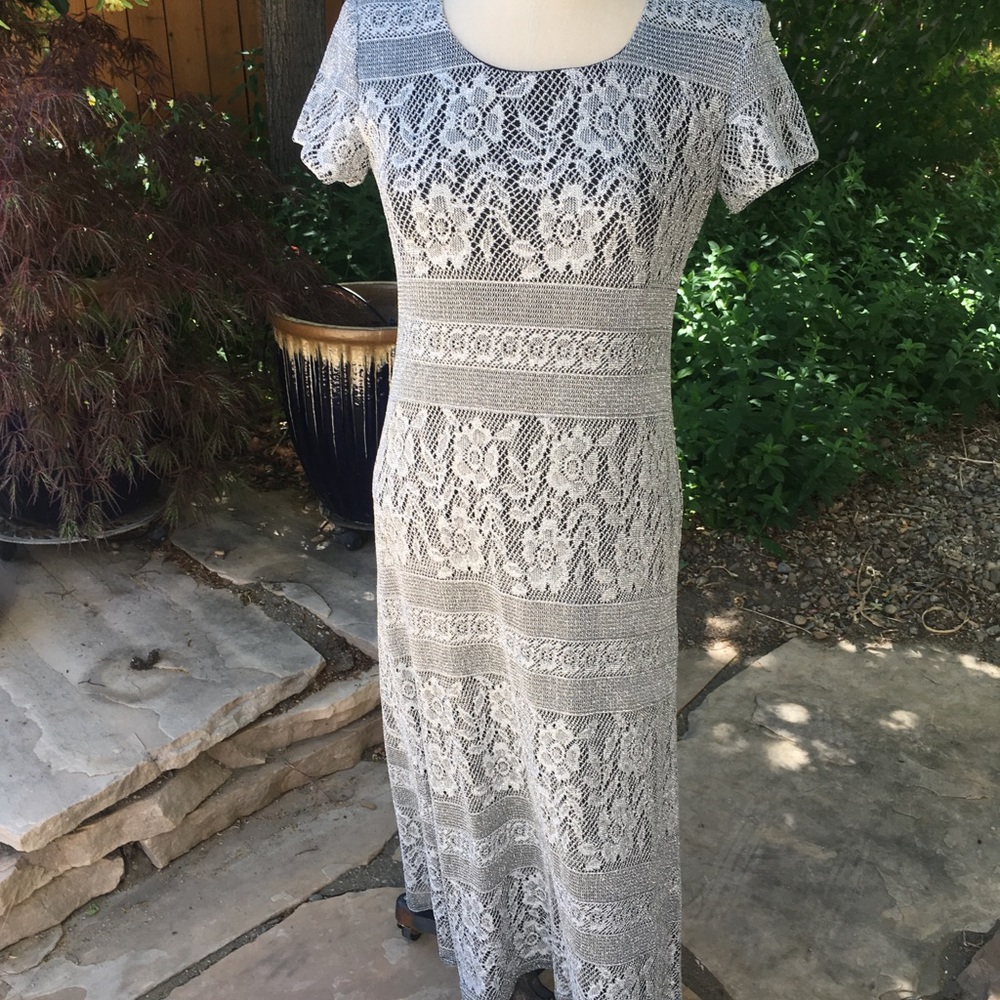 Jessica Howard silver lace maxi dress 4 petite